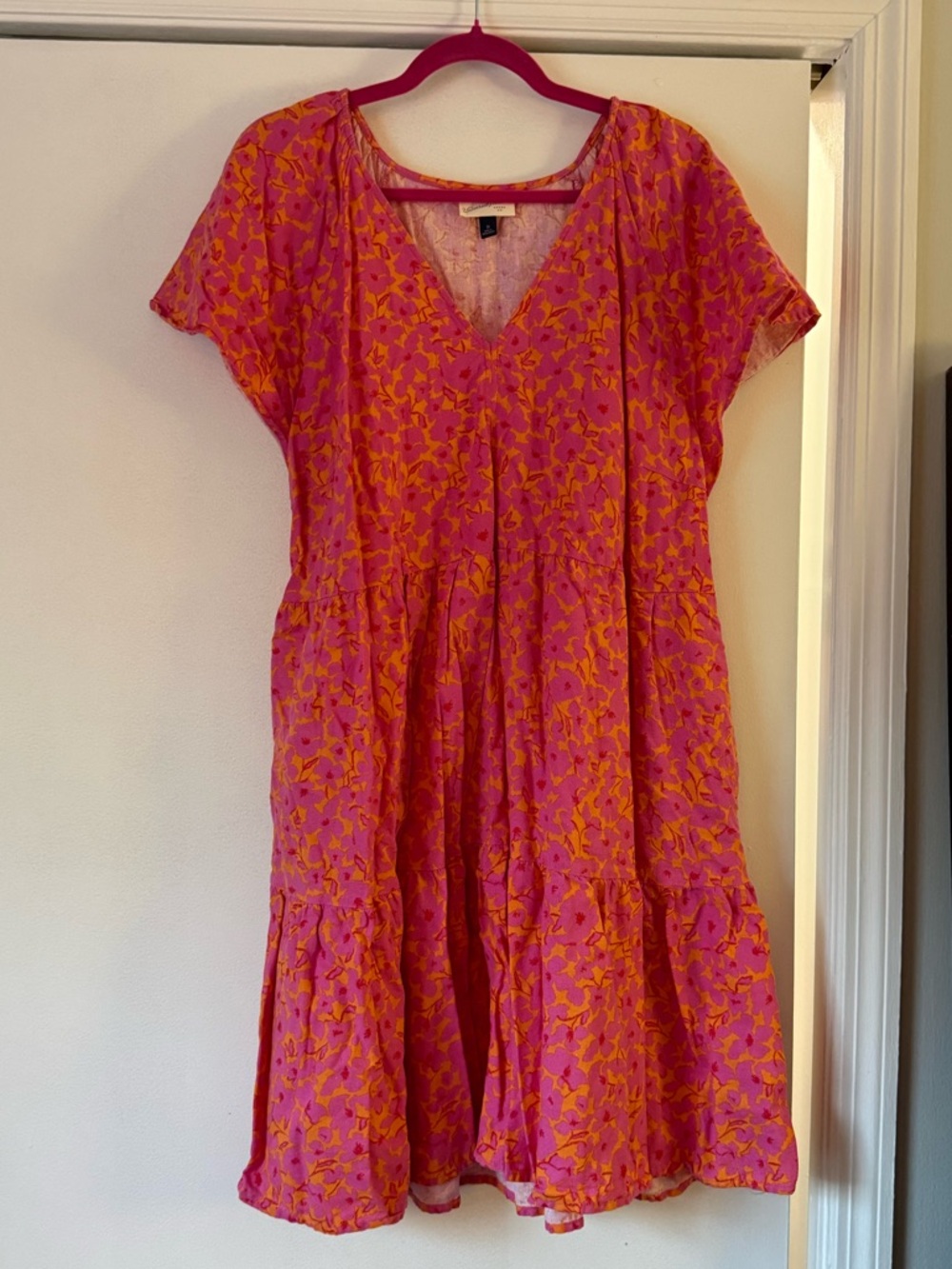 Pink and Orange Linen Blend V-Neck Dress